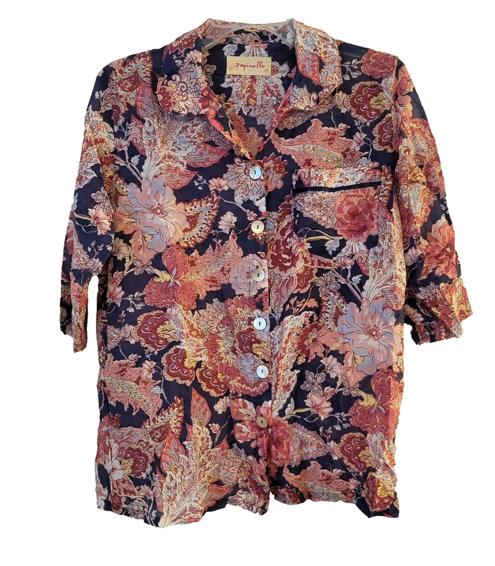 Papinelle Pink & Blue Floral Silk Blend Pajama Top Light Weight Size Small